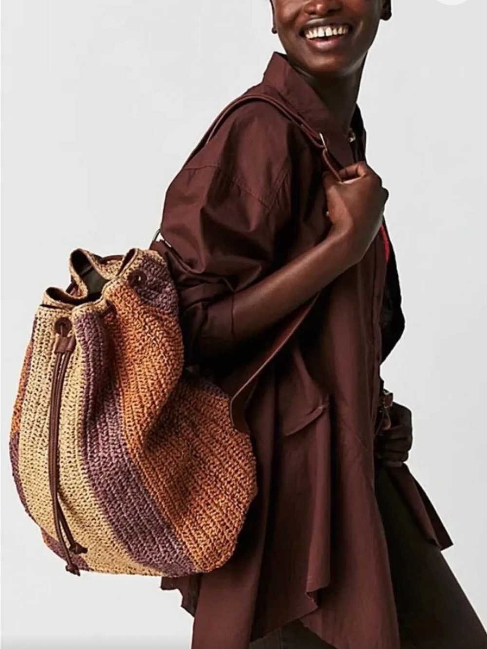 Free People Striped Woven Drawstring Shoulder Bag in Brown, Cream and Rust
